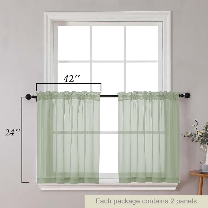 Kitchen Curtains 24 Inch Length Tier 2 Pieces, Sage Green Sheer Curtain Solid - Image 2