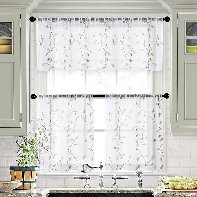 MRTREES Voile Sheer Curtain Valances, Leaves Embroidered Valance Curtains Rod - Image 6