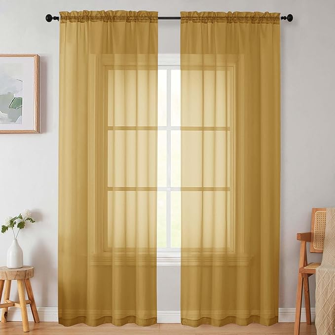 Sheer Gold Curtains for Bedroom Living Room 90 Inches Long 2 Panels Set by WelvetBLK