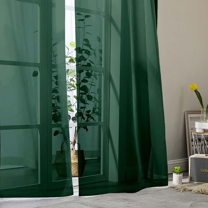Hunter Green Sheer Curtain for Bedroom Living Room 72 Inches Long 2 Panels Set - Image 9