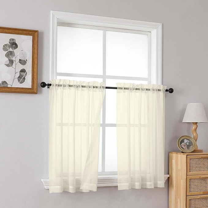 Cream Small Sheer Curtains 2 Panels Set, Kitchen Curtains 36 Inch Length - Image 8