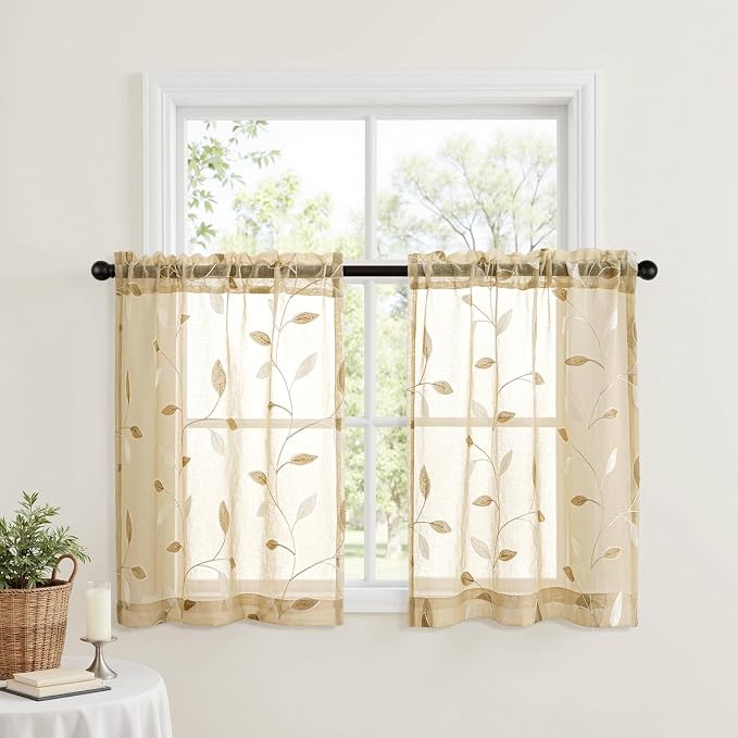 MIULEE Beige Sheer Kitchen Curtains 30x36 Inches Length 2 Panels Embroidered - Image 2