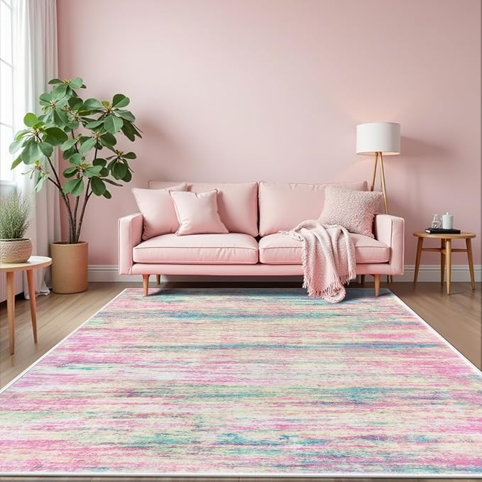 KOZYFLY Pink Nursery Rug for Baby Girl, Washable Thin Area Rugs 5x7 for Kids by KOZYFLY