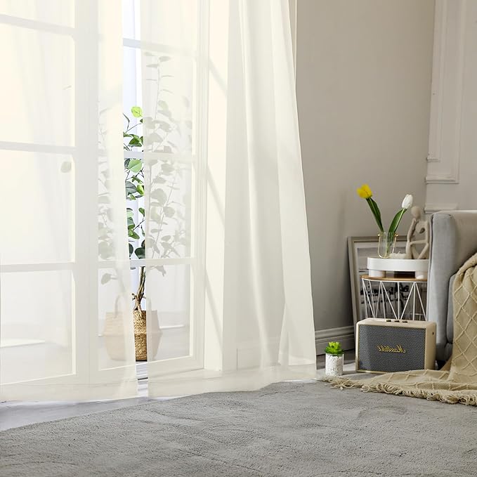 Lecloud Cream Sheer Curtains 68 Inch Length 2 Pcs, Light Filtering Bedroom - Image 8