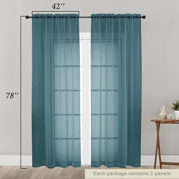 Dusty Blue Sheer Curtain for Bedroom Living Room 78 Inches Long 2 Panels Set - Image 2