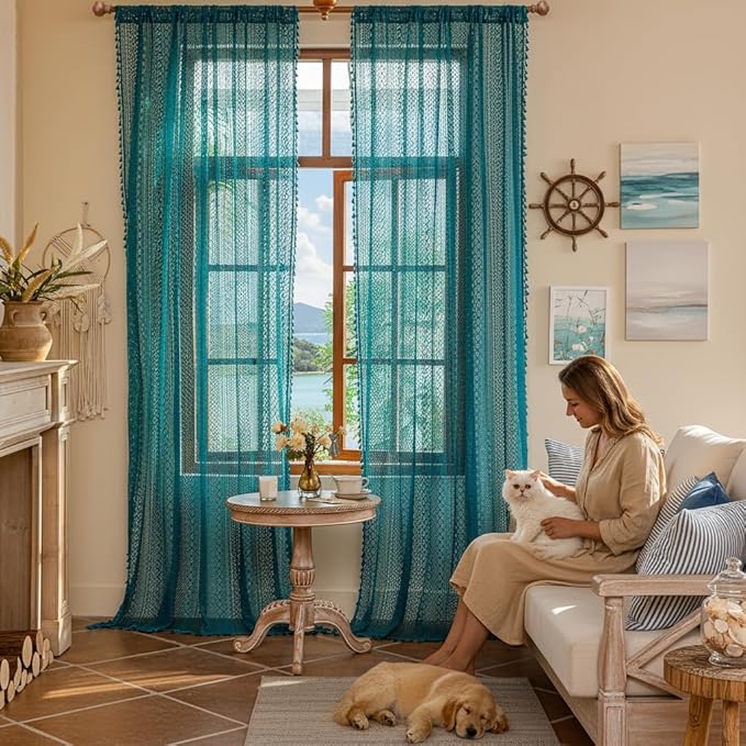WAZZIO Boho Lace Curtains 84 Inches 2 Panel, Light Filtering Privacy Tassel & - Image 5