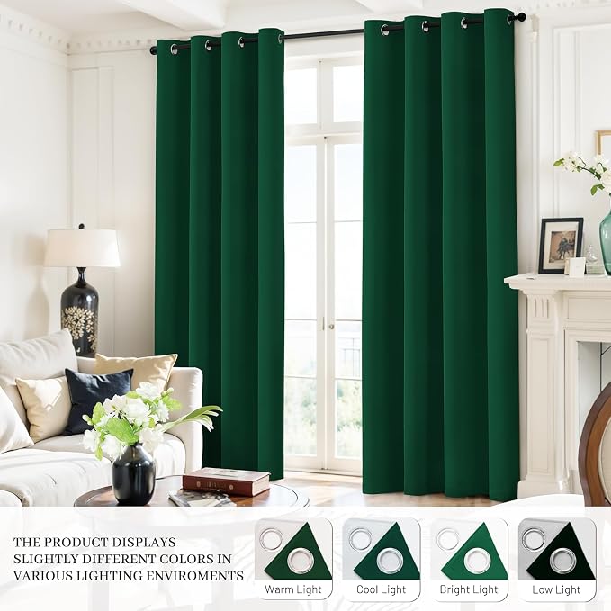 Yakamok 100% Blackout Curtains Dark Green Room Darkening Thermal Insulated - Image 8