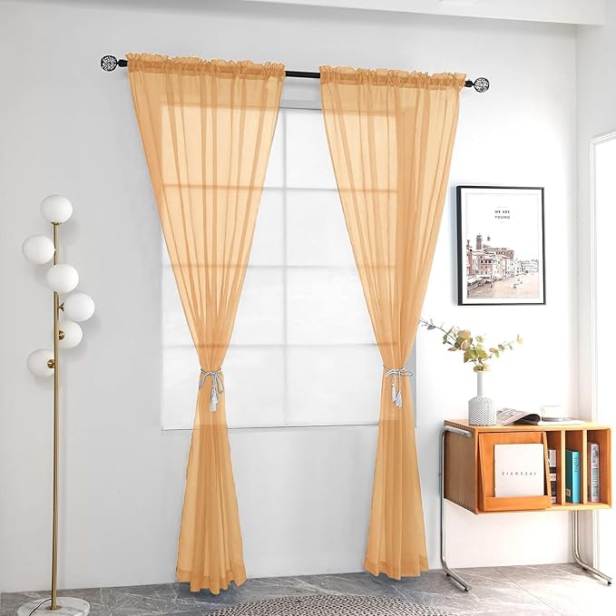 youleyar Solid Sheer Rod Pocket Curtain Voile Draperies 2 Panels Beige Semi - Image 2
