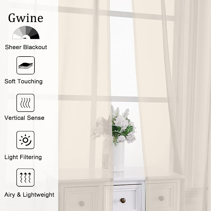 Gwine Cream Sheer Curtains 30 Inch Length, Short Light Filtering Voile Small - Image 2