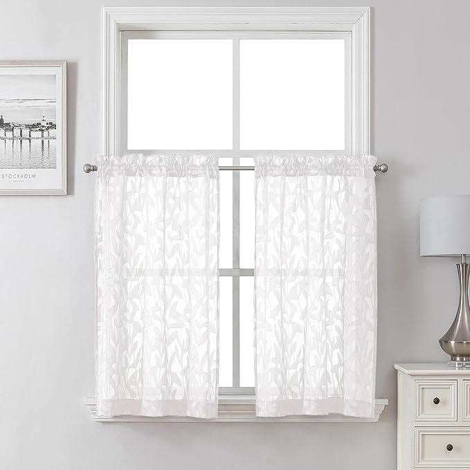Lecloud Leia White Sheer Kitchen Curtains 36 Inch Length 2 Pcs, Jacquard Leaf by Lecloud