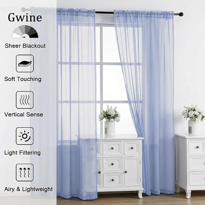 Gwine Denim Blue Sheer Kitchen Curtains 36 Inch Length - Image 2