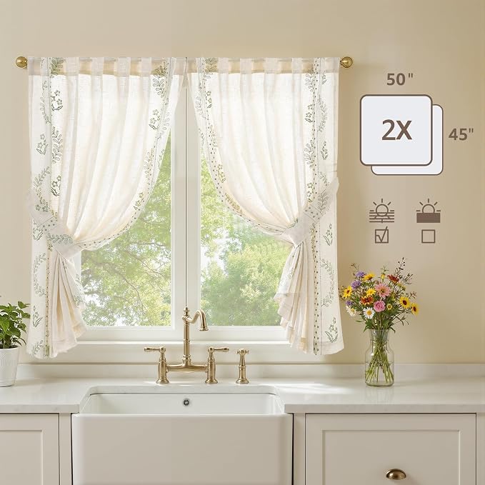 jinchan Belrose Linen Floral Cafe Curtains 45 Inch Length Embroidered Farmhouse - Image 5