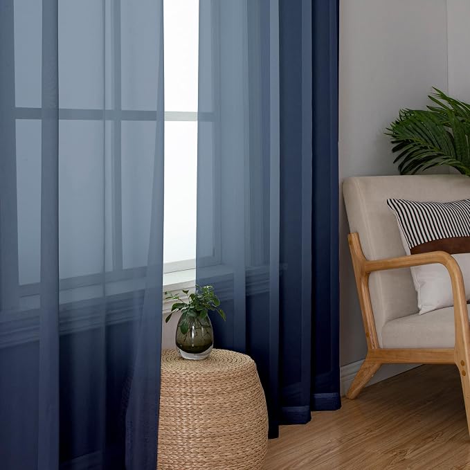 Lecloud Navy Blue Sheer Curtains 90 Inches Long 2 Panels, Light Filtering Voile - Image 2