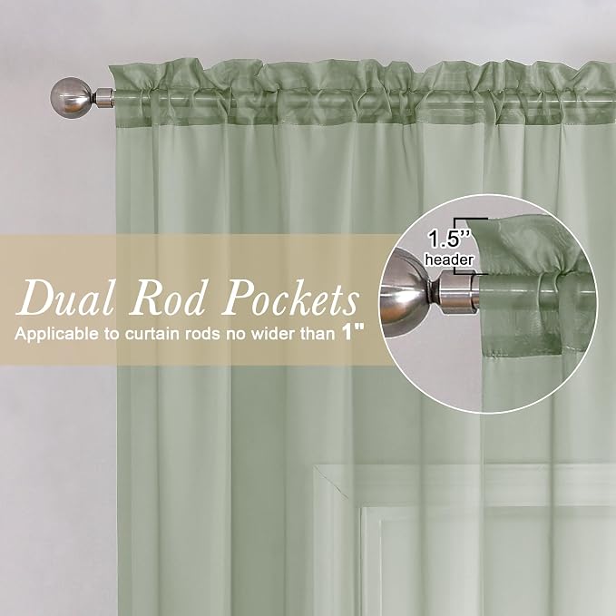 Lecloud Sage Green Sheer Curtains 45 Inch Long 2 Panels, Short Voile Drapes - Image 2