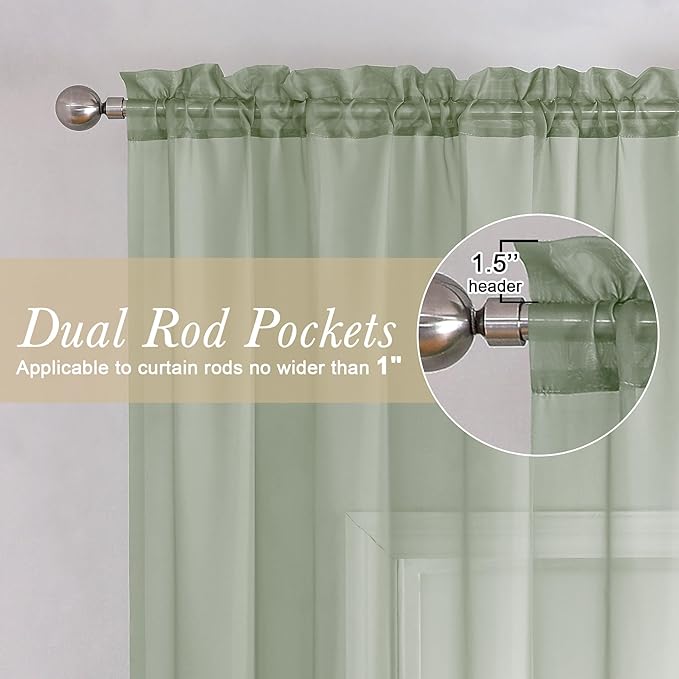 Lecloud Sage Green Sheer Curtains 84 Inches Long 2 Panels Set, Solid Voile - Image 2