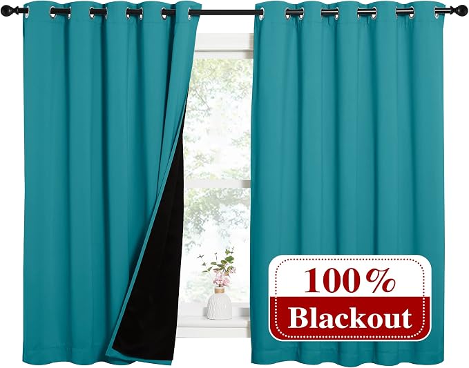 NICETOWN Peacock Teal 100% Blackout Lined Curtains, 2 Thick Layers Completely - Image 2