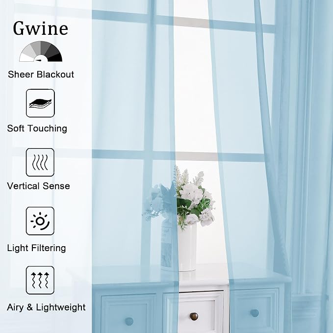 Gwine Sky Blue Sheer Curtains 30 Inch Length, Short Light Filtering Voile Small - Image 3