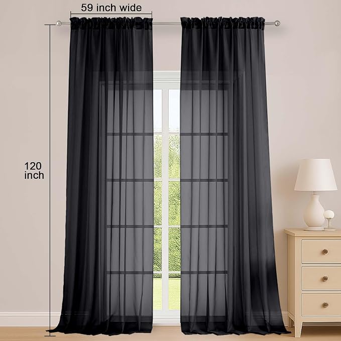 OWENIE Black Sheer Curtains 120 Inches Long 2 Panels Set, Airy Lightweight - Image 2
