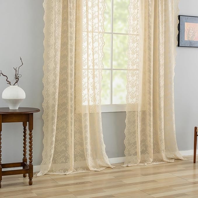 YJ YANJUN Vintage Lace Curtains 132 Inches Long-Victorian Floral Fancy Beige - Image 5