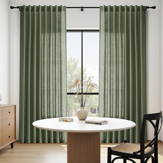 Nanspring Olive Green Linen Blend Semi Sheer Curtains 108 Inches Long x 60 - Image 8
