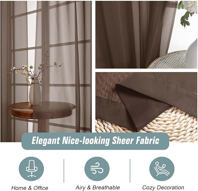 Chocolate Sheer Curtains 63 Inch Length 2 Panels, Voile Sheer Curtain - Image 4