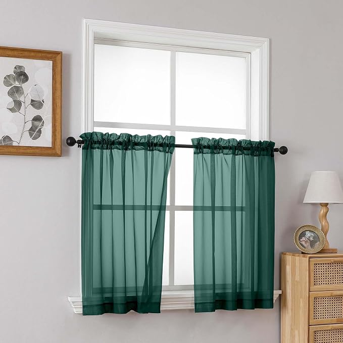 Green Small Sheer Curtains 2 Panels Set, Kitchen Curtains 36 Inch Length - Image 8