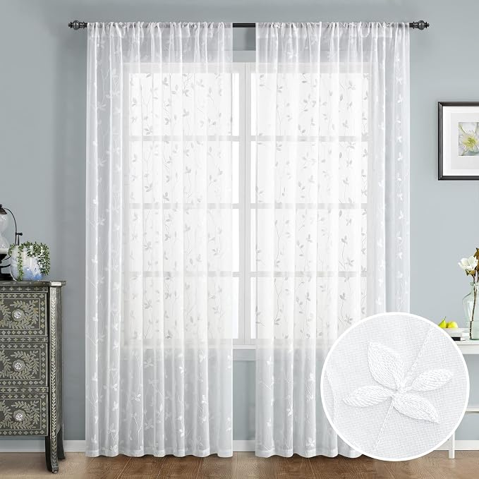 HOMEIDEAS White Sheer Curtains 52 X 84 Inches Length 2 Panels Embroidered Vine by HOMEIDEAS