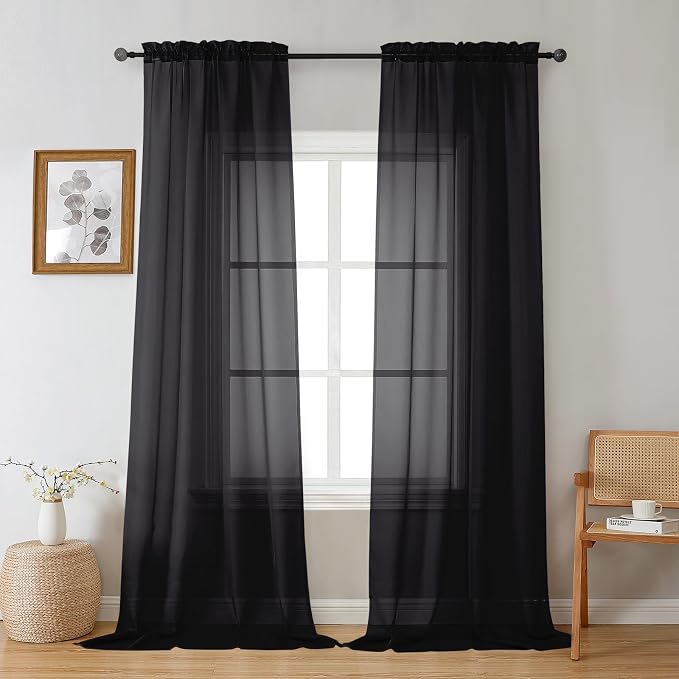 Gwine Black Sheer Curtains 108 Inches Long 2 Panels Set, Voile Light Filtering by Gwine