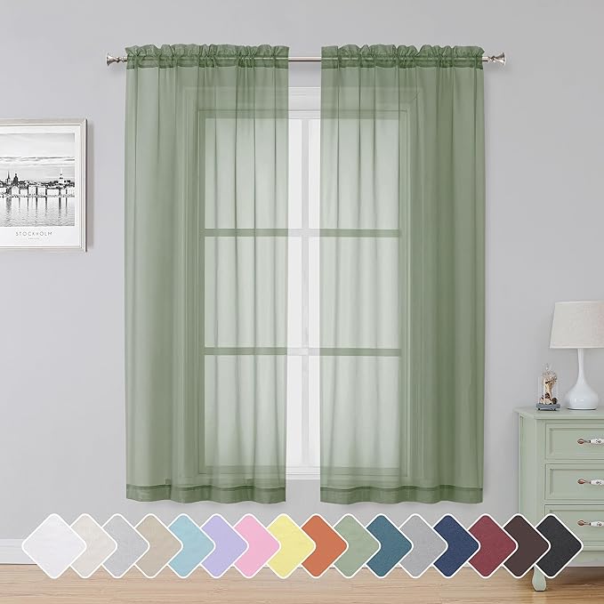 Simplebrand Sage Sheer Curtains 63 Inch Length 2 Panels, Rod Pocket Solid Color by Simplebrand