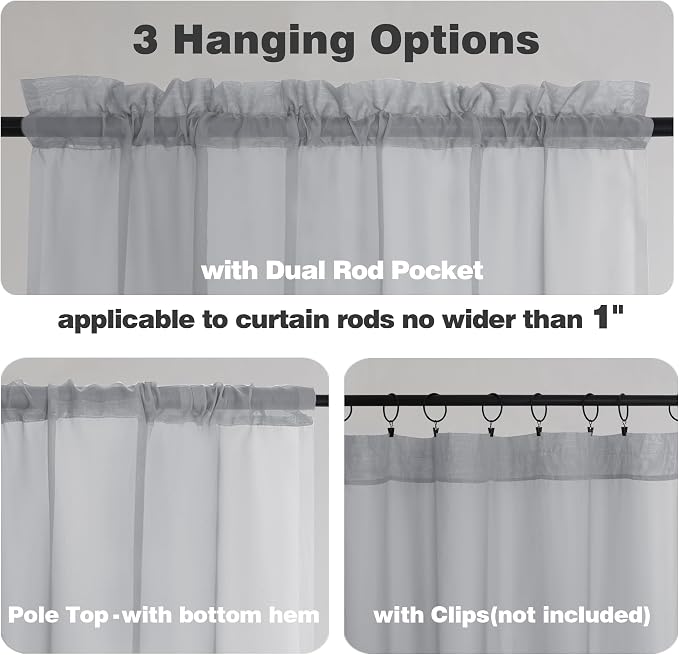 Chyhomenyc Light Grey Sheer Curtains 45 Inch Long 2 Panels, Light Filtering Rod - Image 7