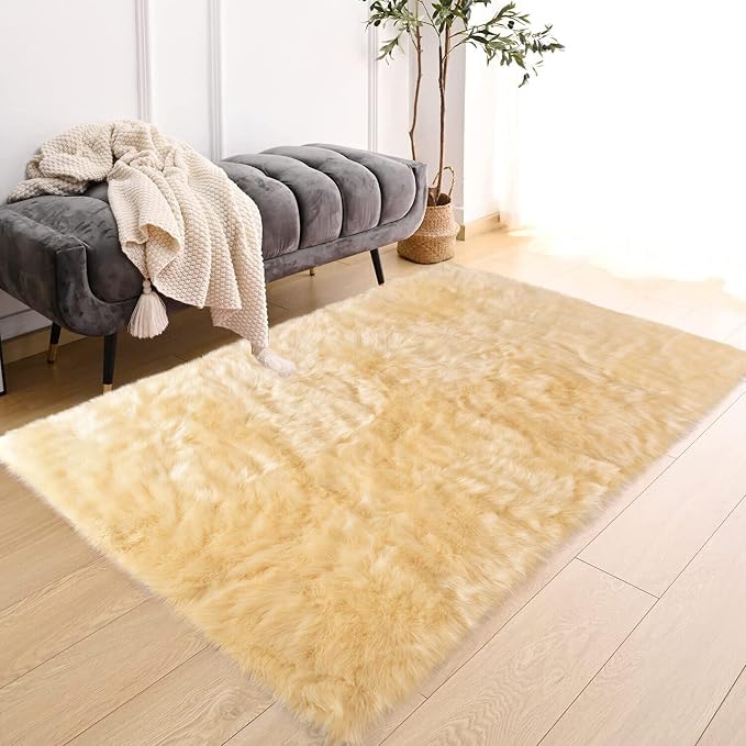Latepis Yellow Rug for Bedroom 3x5 Area Bedside Rug Faux Sheepskin Fur Rugs for - Image 7