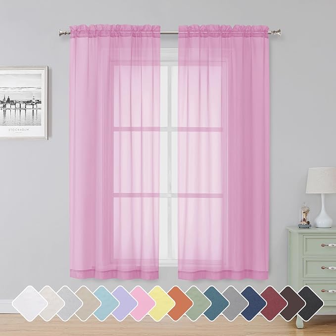 Simplebrand Pink Sheer Curtains 63 Inch Length 2 Panels, Rod Pocket Solid Color by Simplebrand