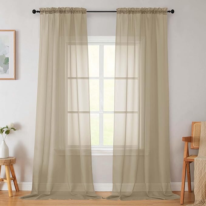 Taupe Sheer Curtains for Bedroom Living Room 96 Inches Long 2 Panels, Modern by WelvetBLK