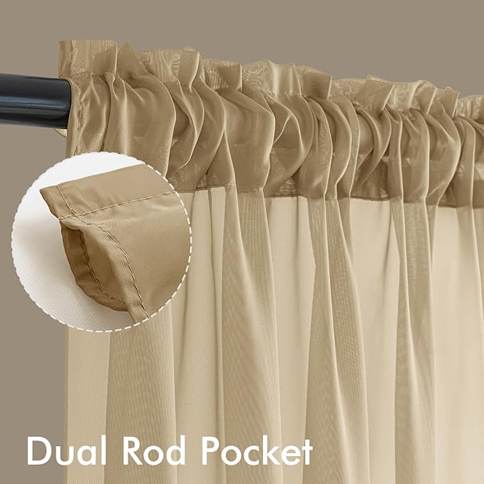MIULEE Beige Sheer Curtains 108 Inches Long, 4 Panels Set, Rod Pocket Voile - Image 3