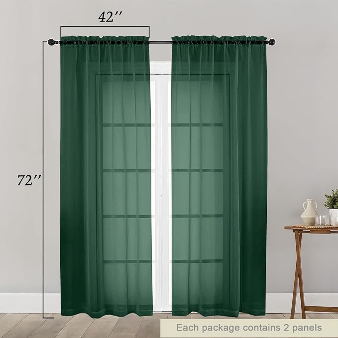 Hunter Green Sheer Curtain for Bedroom Living Room 72 Inches Long 2 Panels Set - Image 2