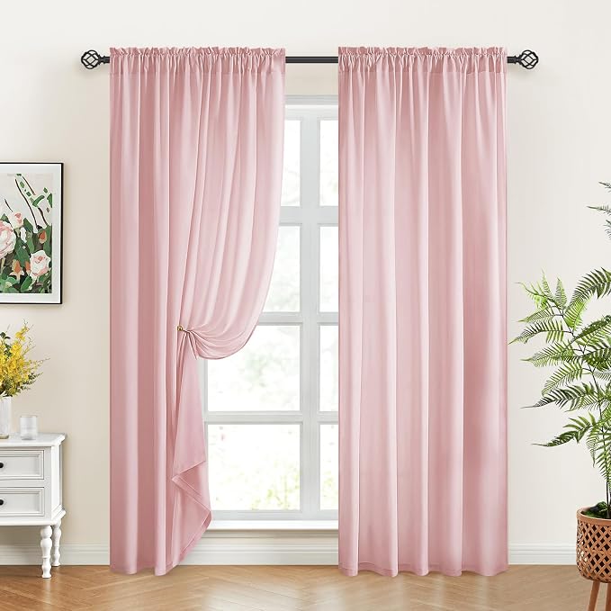 HOMEIDEAS Non-See-Through Light Pink Privacy Sheer Curtains, 52 X 84 Inches - Image 2