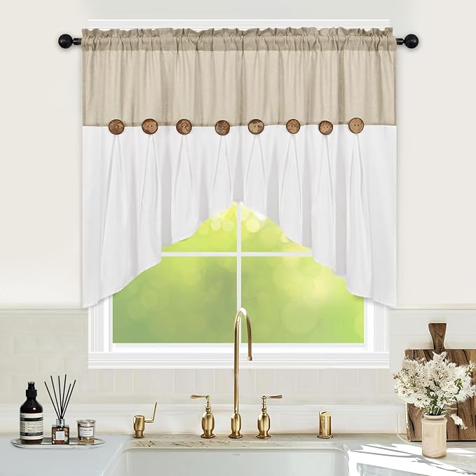 FRAMICS Farmhouse Swag Curtain, Boho Cotton Linen Valance Curtain, Rustic by FRAMICS