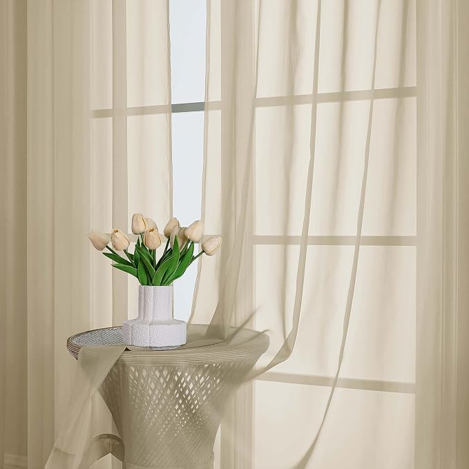 Lecloud Taupe Sheer Curtains 63 Inch Length 2 Pcs, Light Filtering Rod Pockets - Image 6