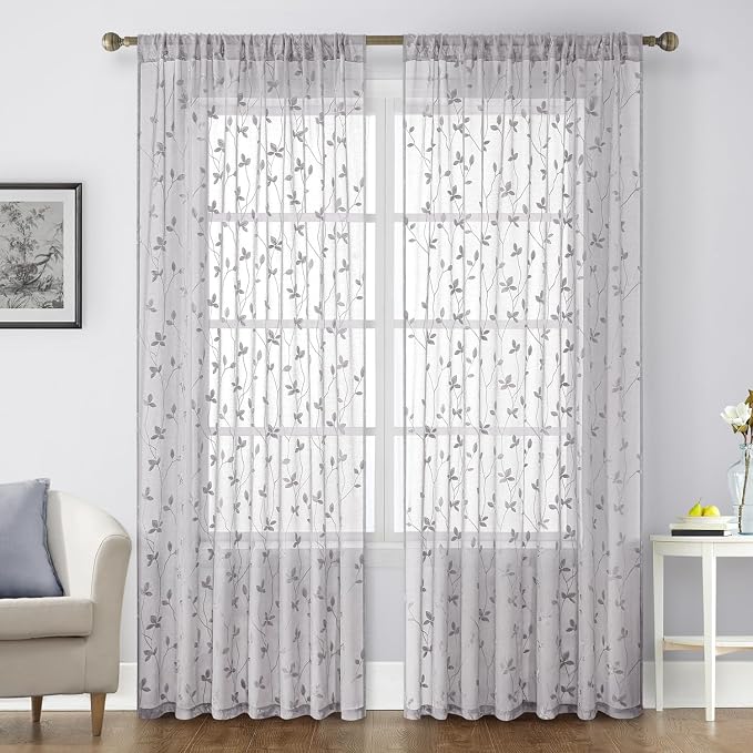 HOMEIDEAS Light Grey Sheer Curtains 52 X 84 Inches Length 2 Panels Embroidered by HOMEIDEAS
