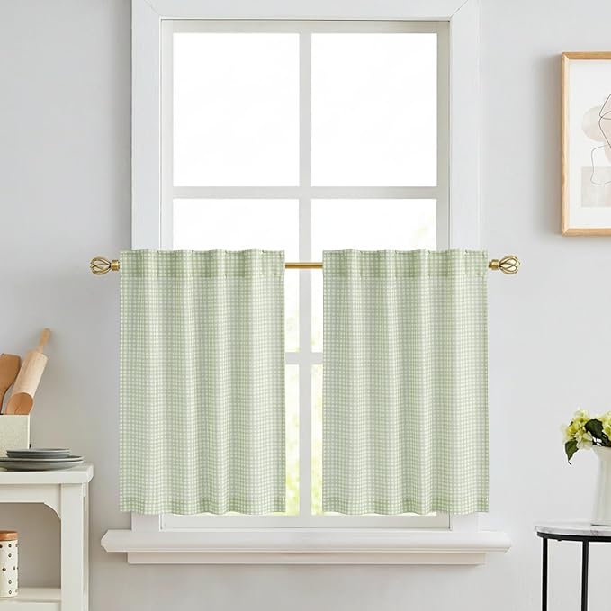 RYB HOME Gingham Cafe Curtains 24 inch Length, Linen Checkered Vintage - Image 8
