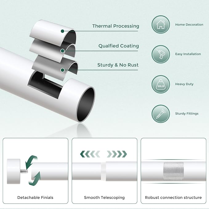 VOIIY White Curtain Rods for Windows 48 to 84 Inch, Size:36-88 Inch - Image 7