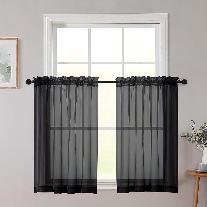 Cafe Curtains 36 Inch Length Tier 2 Pieces, Modern Soft Airy Sheer Kitchen by WelvetBLK