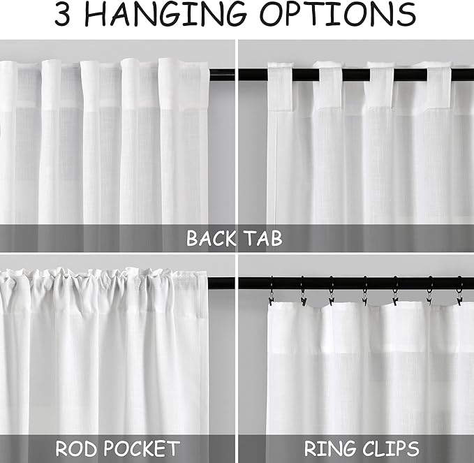 Nanspring White Linen Back Tab Rod Pocket Curtains 52 Inch Length - Image 3