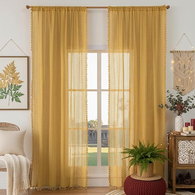WAZZIO Boho Lace Curtains 84 Inches 2 Panel, Light Filtering Privacy Tassel & - Image 3
