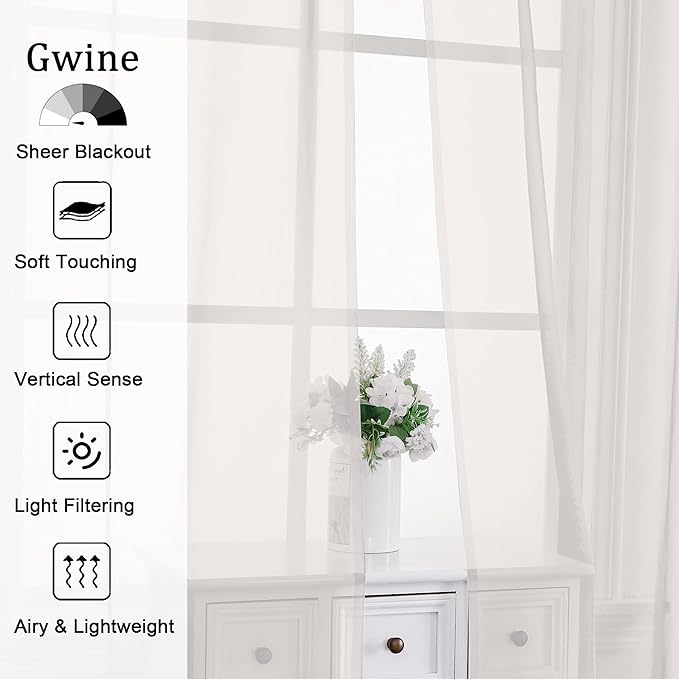 Gwine Ivory Sheer Curtain Tiers 24 Inch Length, Light Filtering Voile Short - Image 3