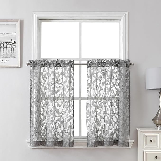 Lecloud Leia Charcoal Grey Sheer Kitchen Curtains 30 Inch Length 2 Pcs by Lecloud