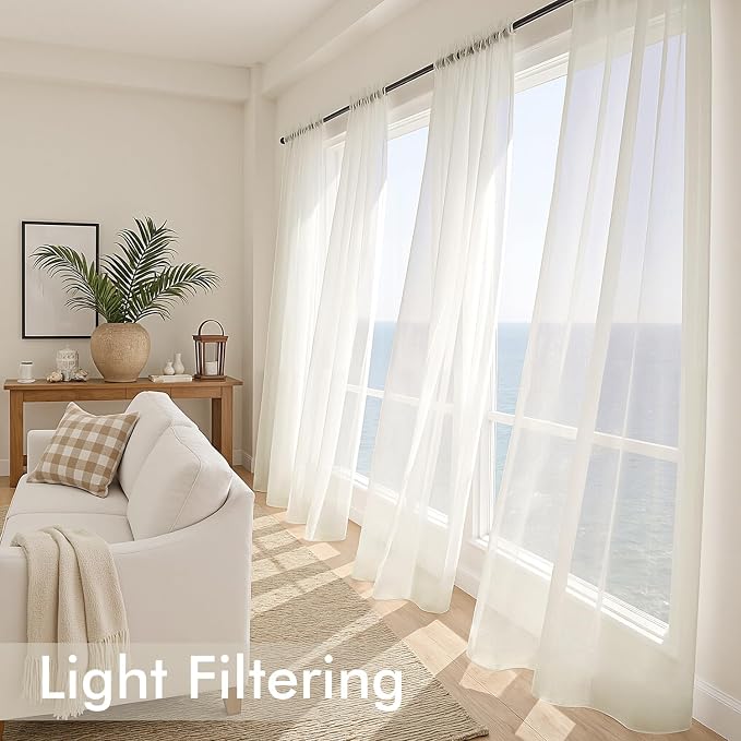 MIULEE Ivory Sheer Curtains 102 Inches Long, 4 Panels Set, Light Filtering Rod - Image 4