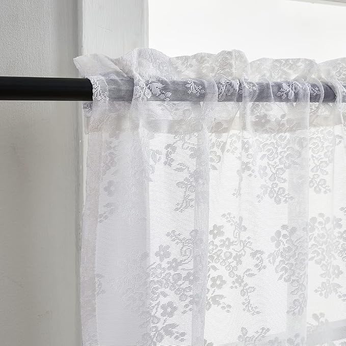 YJ YANJUN Vintage Lace Curtains 30 Inch Length Pair Short White Sheer Kitchen - Image 2