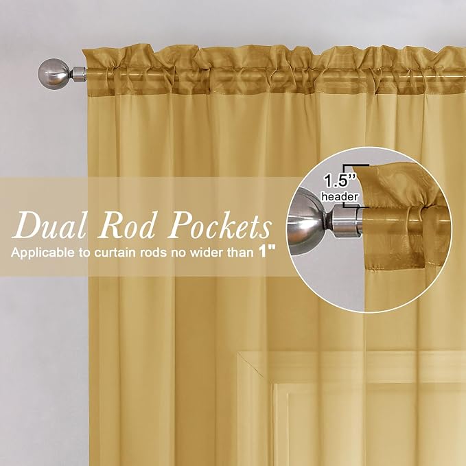 Lecloud Gold Sheer Curtains 120 Inches Long 2 Panels Set, Rod Pockets Light - Image 6
