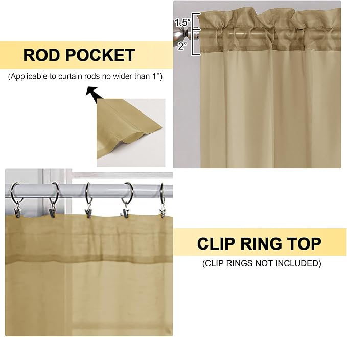 OVZME Gold Sheer Curtains 63 Inches Long 2 Panels - Image 2
